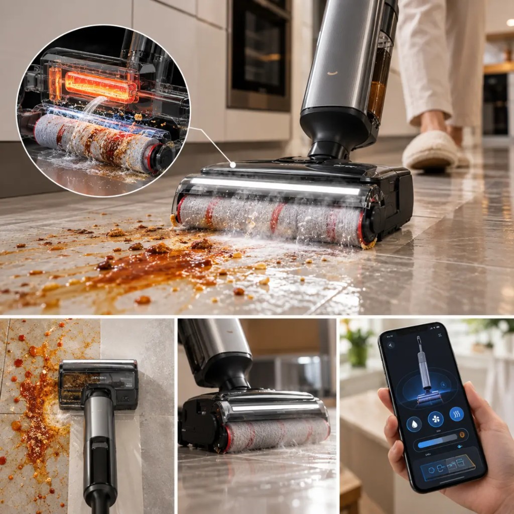 Cleanova™ con CaldoRinse™ a 90 °C disolviendo la grasa del suelo de la cocina