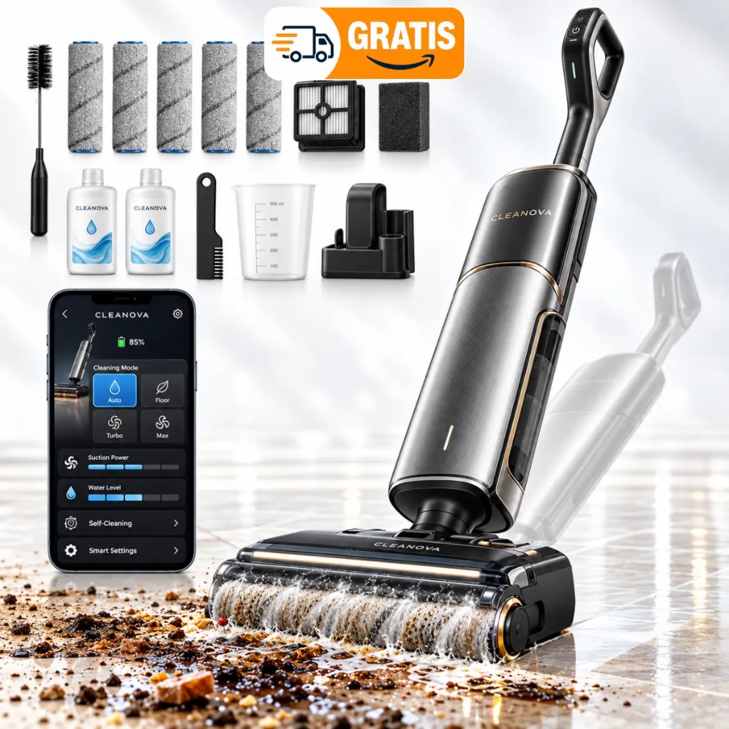 Kit Cleanova™: fregona, base autolimpiante, batería, rodillo de repuesto y detergente