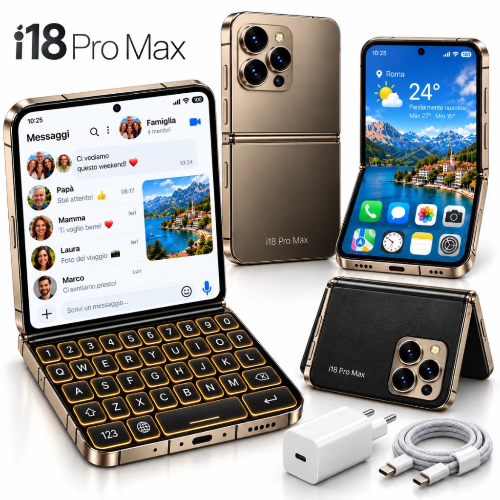 i18 Pro Max™ składany — komplet: telefon, kabel i ładowarka